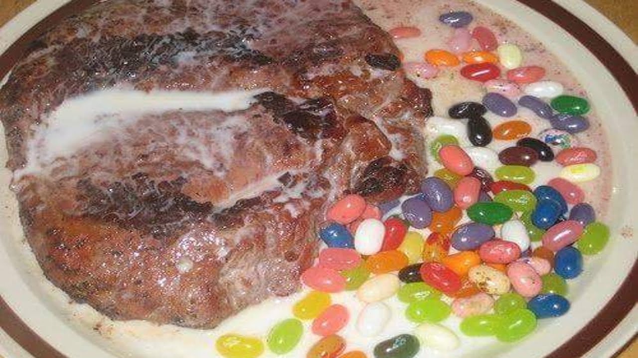 beef steak boiled in milk, with jelly beans